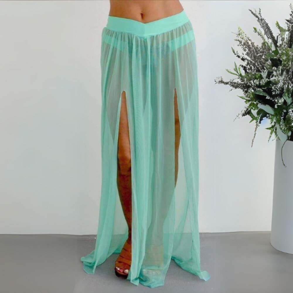 NWOT - Montce Swim Mint Green Long Elastic Mesh Skirt w/ Front Slits
